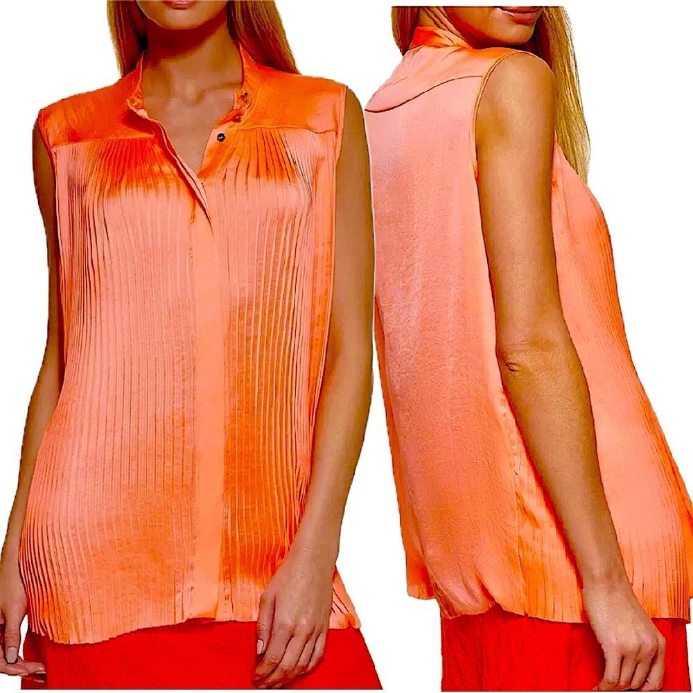 NWT DKNY Pleated Front Satin Sleeveless Button Down Top Blouse Spark Size Medium